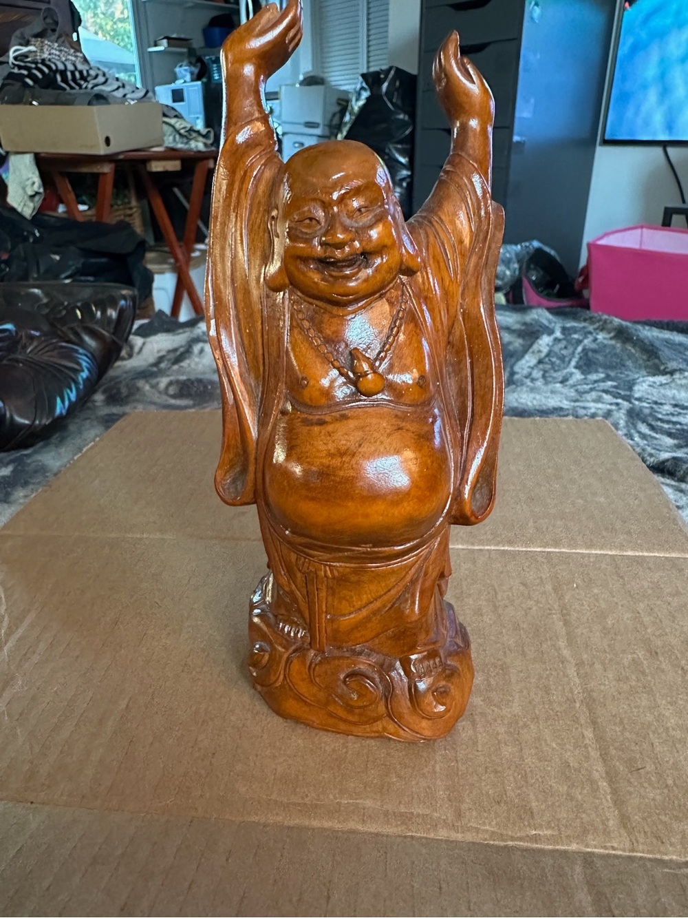 Hand Crafted Golden Brown Laughing Buddha Statue